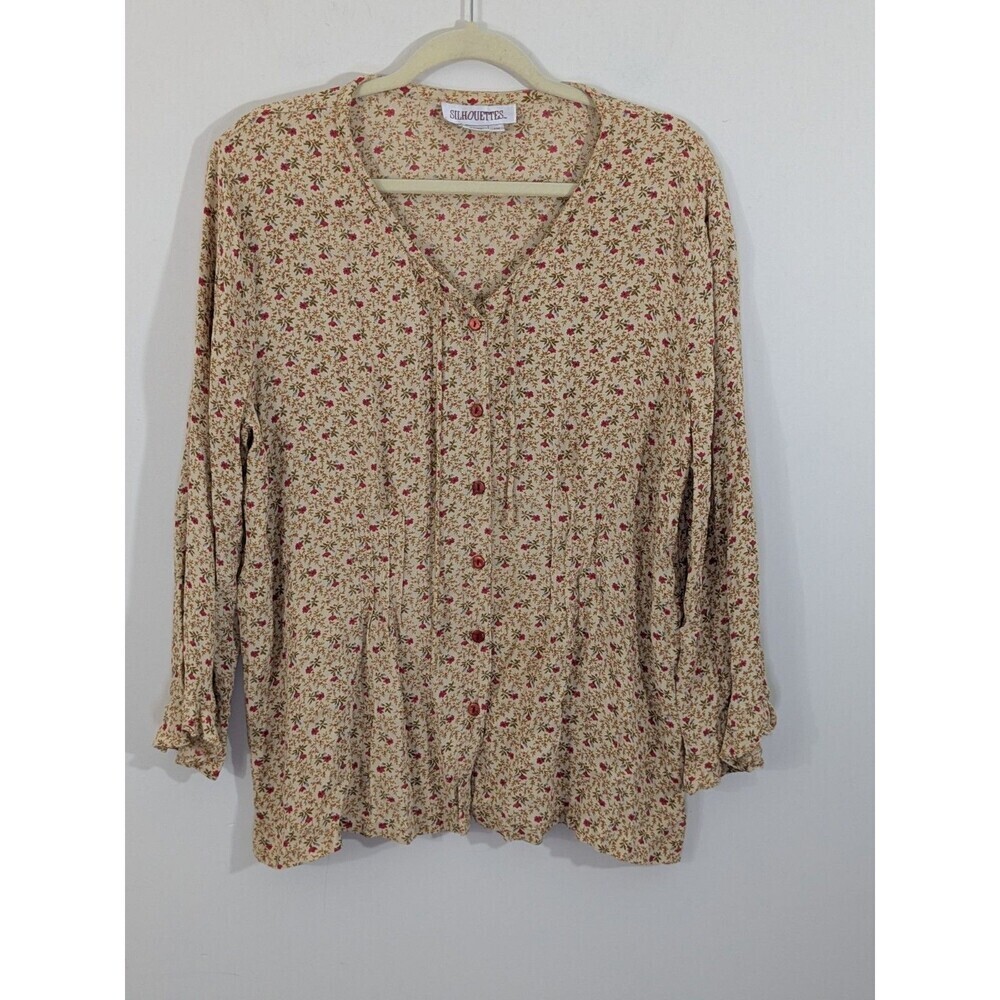 VTG Y2K Babydoll Top Long Sleeve Ruffle Calico Floral Crinkle Coquette Sz 1X